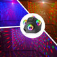 LED laser party light with two colorful lens bulbs on a black triangular housing
