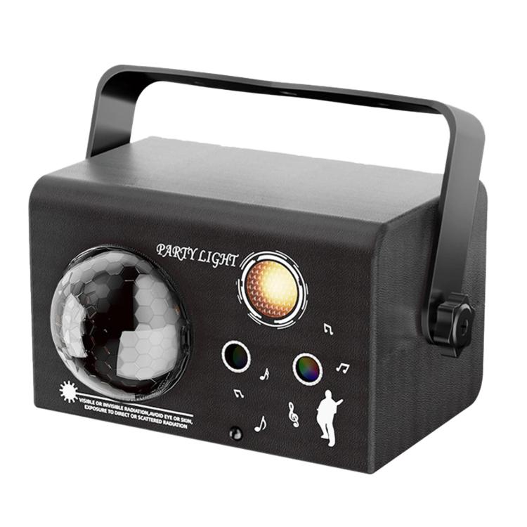 Close-up of black LED laser magic ball light with disco-ball lens and control dials