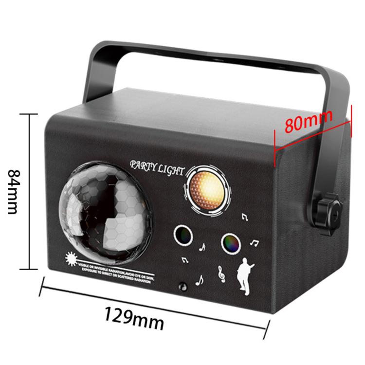 LED laser magic ball light with black housing, disco-ball lens; labeled dimensions shown