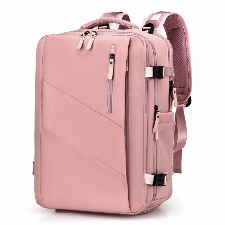 Pink business backpack with top handle, front zipper pocket, and adjustable shoulder straps