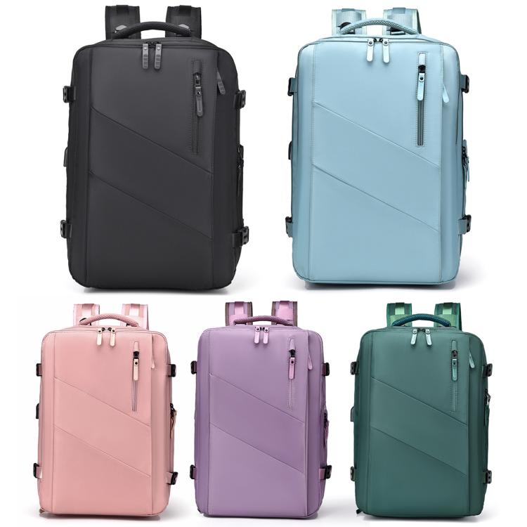 Business backpack color assortment: black, light blue, pink, purple, and green, front and side views