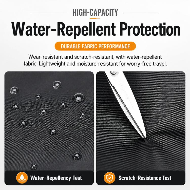 Water-repellent textured fabric panels with scratch-resistant finish on backpack