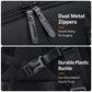 Black backpack with dual metal zippers and durable plastic buckle straps