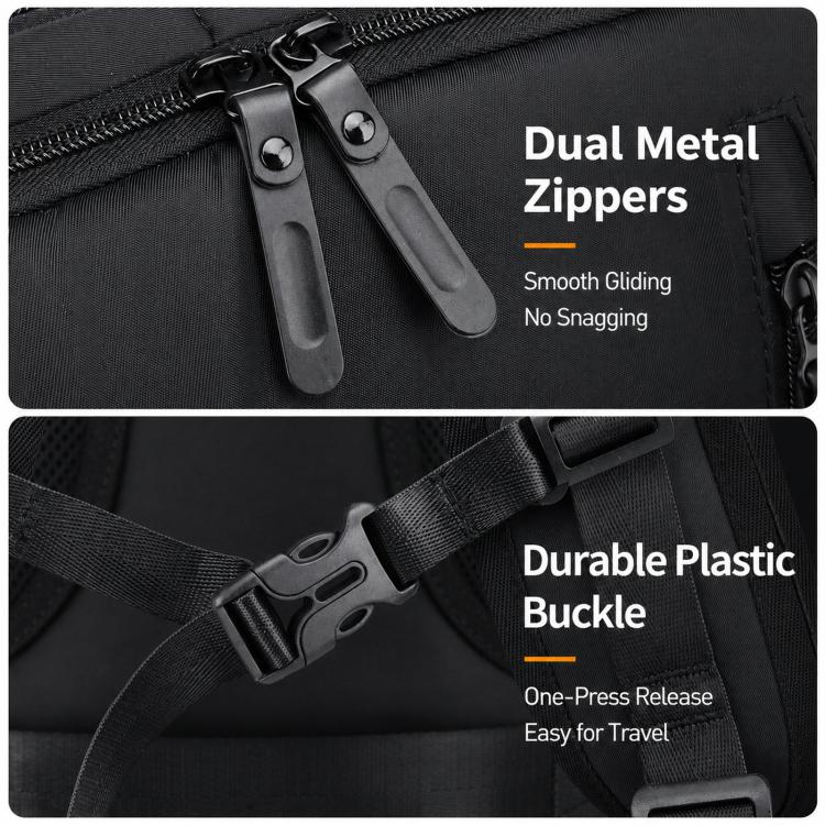 Black backpack with dual metal zippers and durable plastic buckle straps