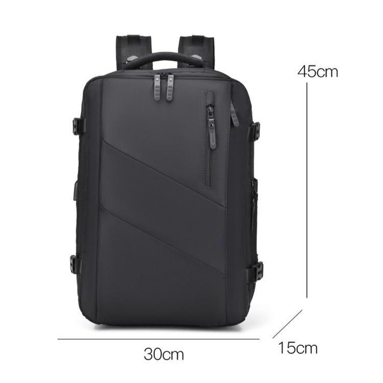 Black business backpack with front zipper, top handle, and padded adjustable shoulder straps