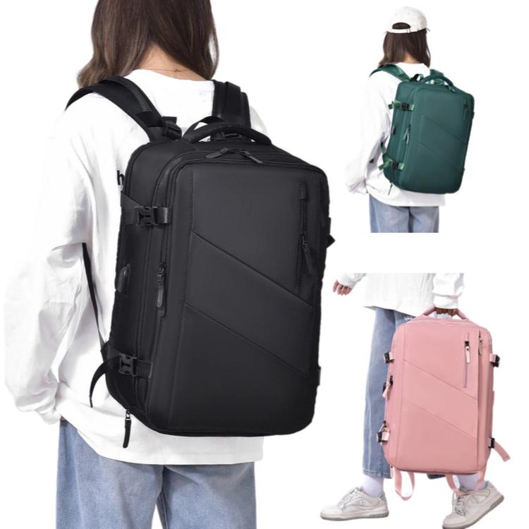 Black business backpack worn on person, front zipper pocket and adjustable shoulder straps