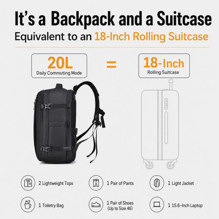 Black business backpack shown on a diagram with suitcase-like side view illustration