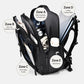 Black business backpack open, interior compartment layout diagram with multiple pockets