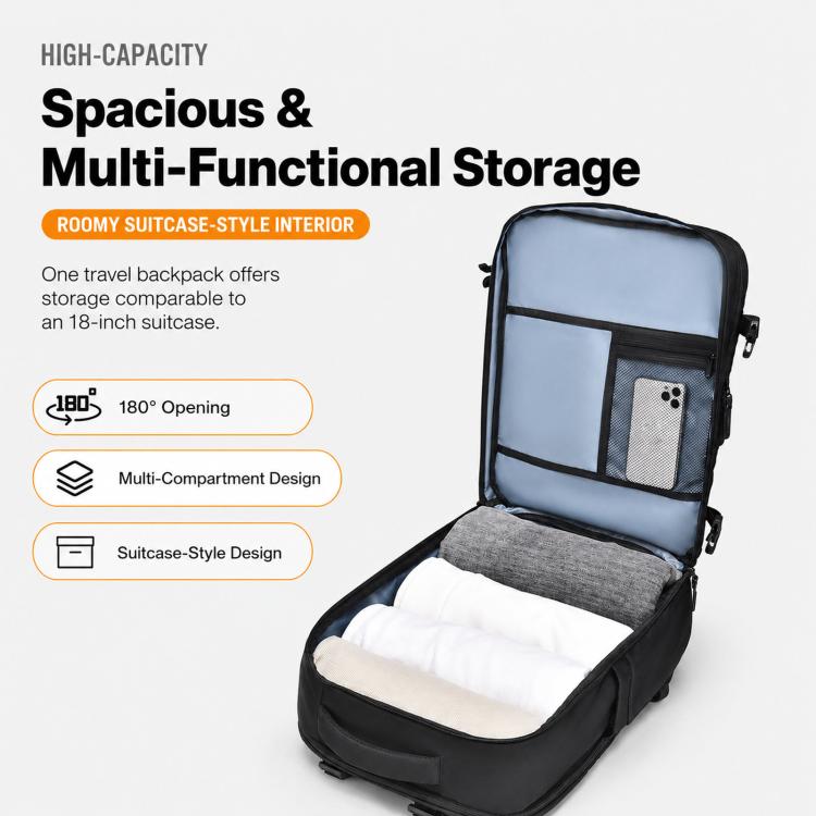 Expandable business backpack with open suitcase-style interior and laptop sleeve