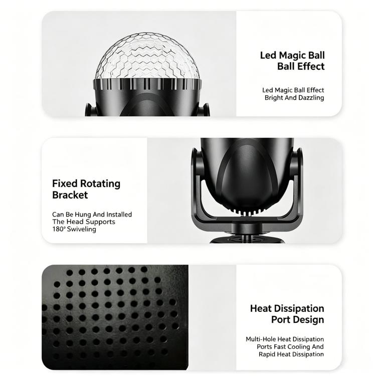 Mini LED magic ball light feature diagram: fixed rotating bracket and heat vents