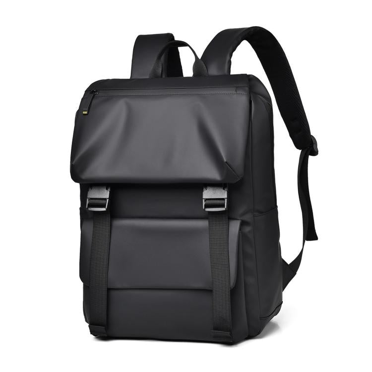 Minimalist waterproof men’s backpack in dark gray/black, with front flap and shoulder straps