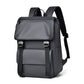 Minimalist waterproof men’s backpack in gray, front flap with buckle straps and side panel