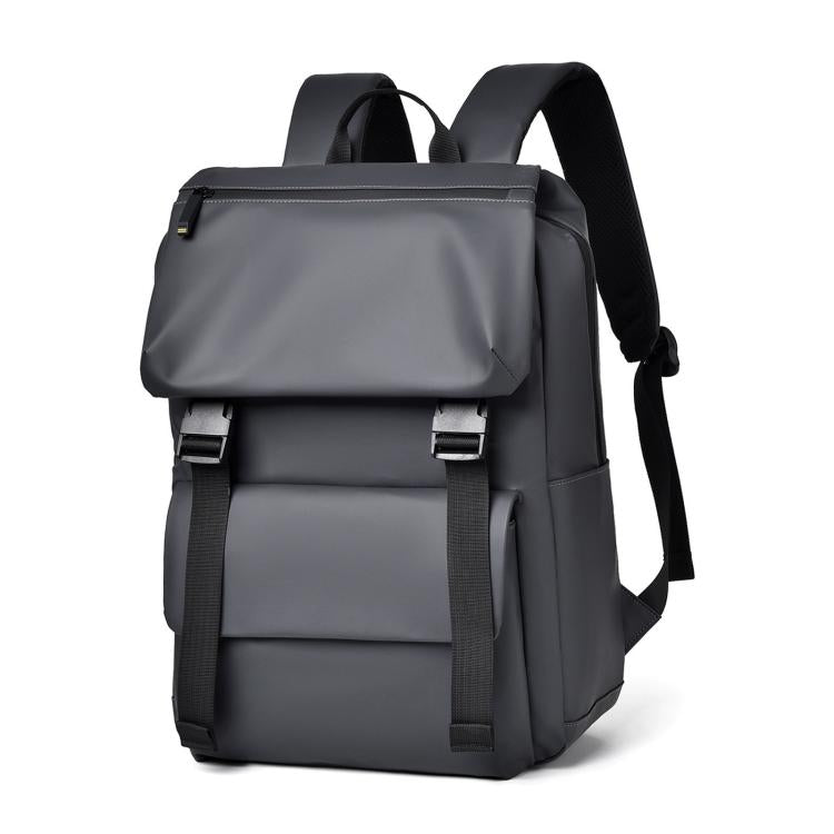 Minimalist waterproof men’s backpack in gray, front flap with buckle straps and side panel