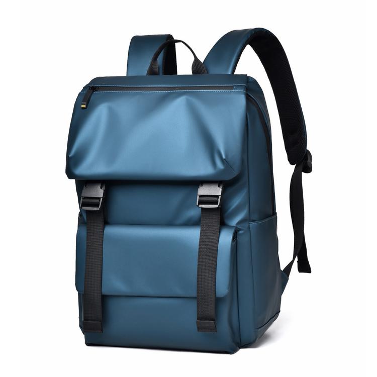 Minimalist waterproof men’s backpack in blue, front flap with buckle straps and shoulder straps