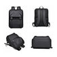 Minimalist waterproof men’s backpack in black, front, back, side, and top views
