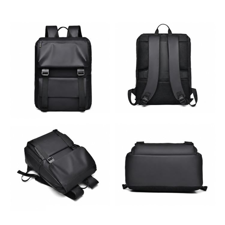 Minimalist waterproof men’s backpack in black, front, back, side, and top views