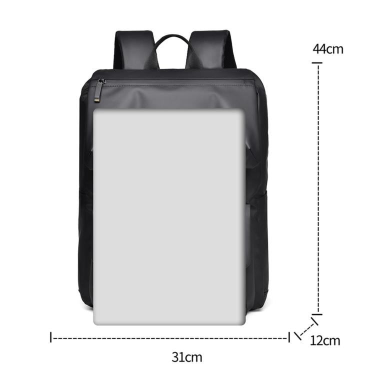 Minimalist waterproof men’s backpack in dark gray/black with size outline on front