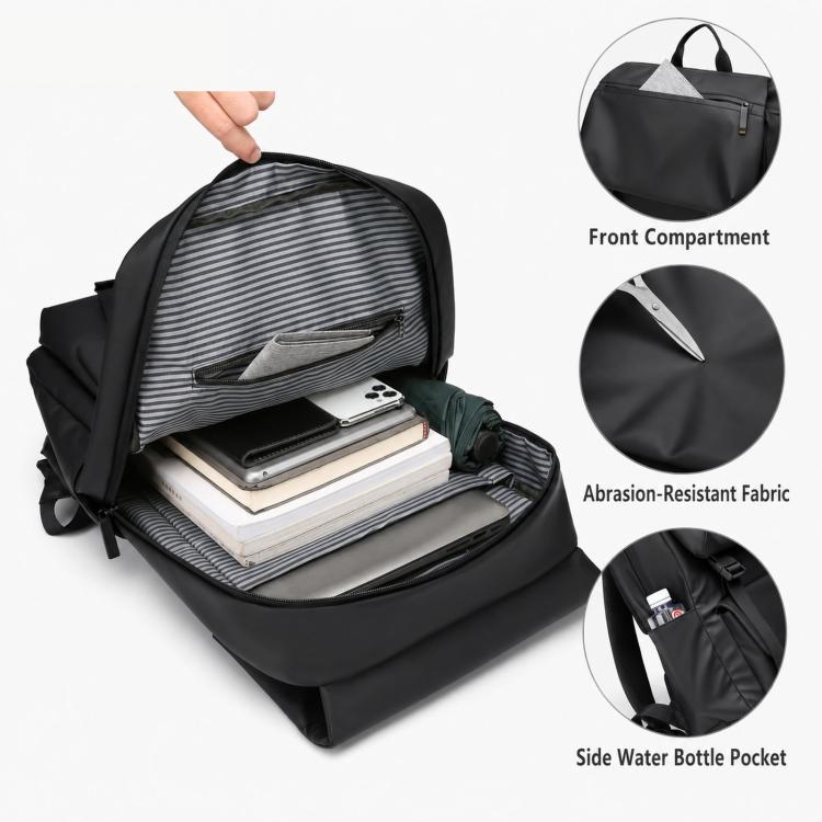 Minimalist waterproof men’s backpack open with front compartment and laptop sleeve