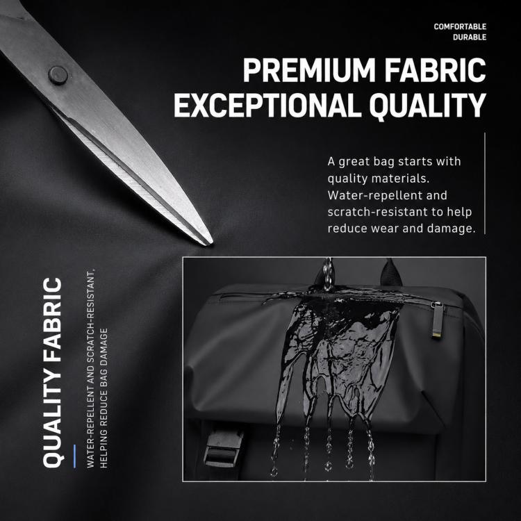 Black minimalist waterproof laptop backpack with top handle and side zipper pockets