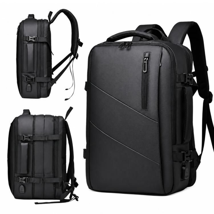 Black expandable business laptop backpack with top handle, front zipper, and side straps
