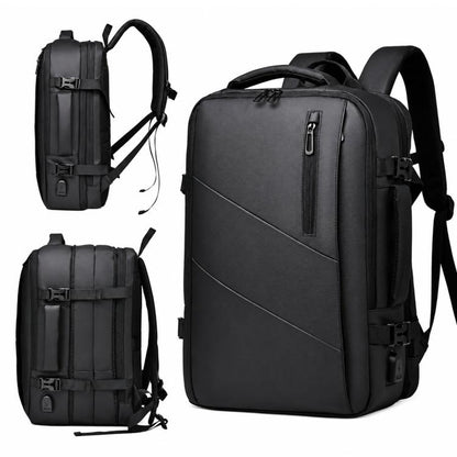 Black expandable business laptop backpack with top handle, front zipper, and side straps