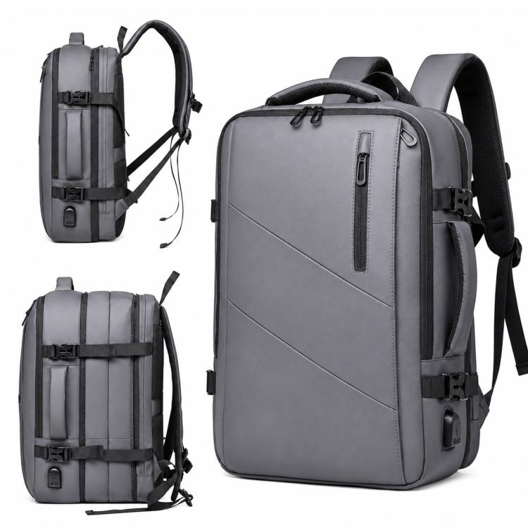 Gray expandable business laptop backpack with front zipper pocket and padded shoulder straps
