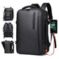 Black expandable laptop backpack with zip front pocket and adjustable shoulder straps