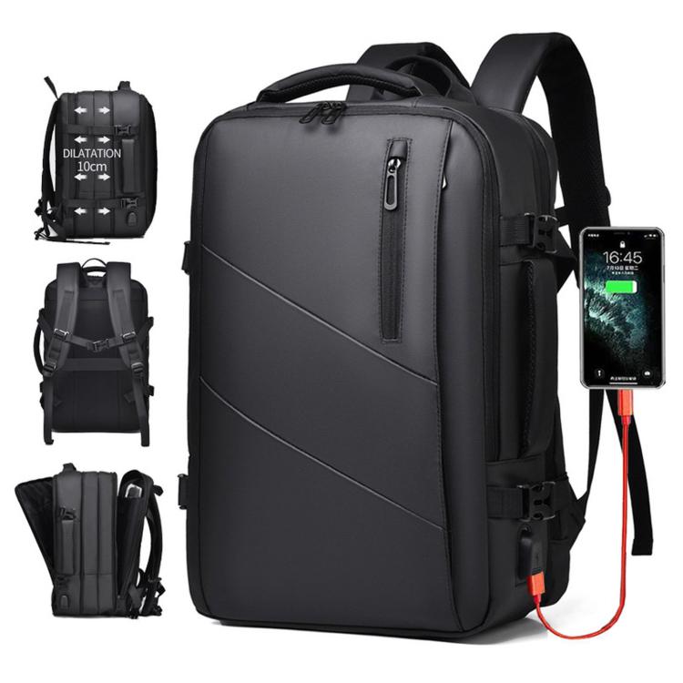 Black expandable laptop backpack with zip front pocket and adjustable shoulder straps