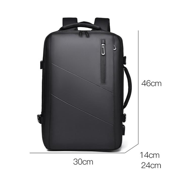Black expandable laptop backpack with dimension view, top handle, and front zipper pocket