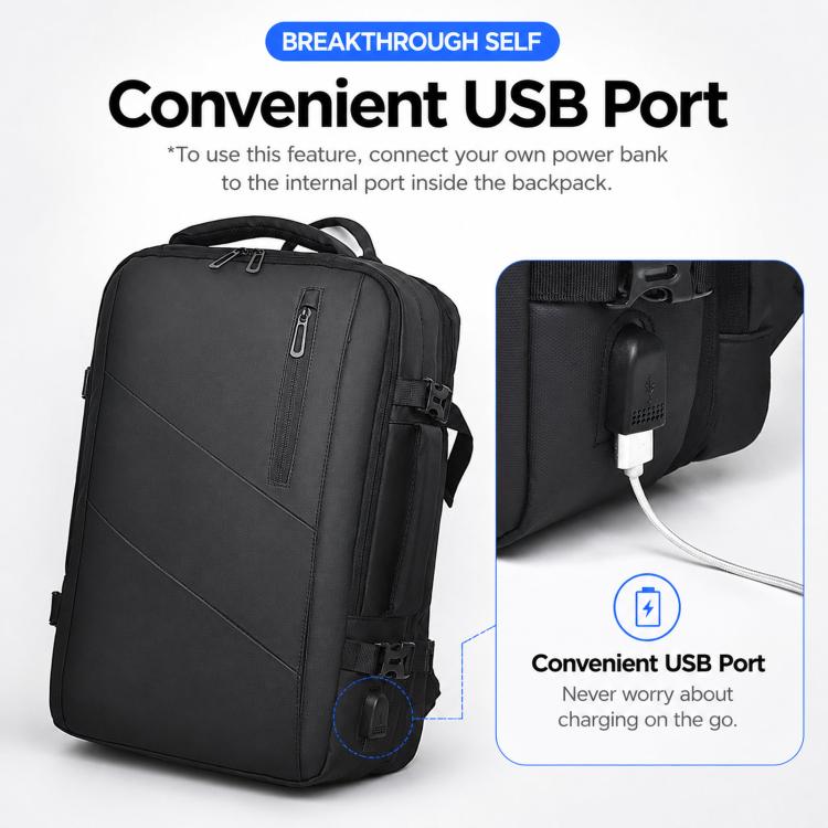 Black laptop backpack with external USB port and charging cable access