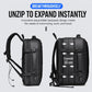 Black expandable backpack with side straps and wider expanded front panel