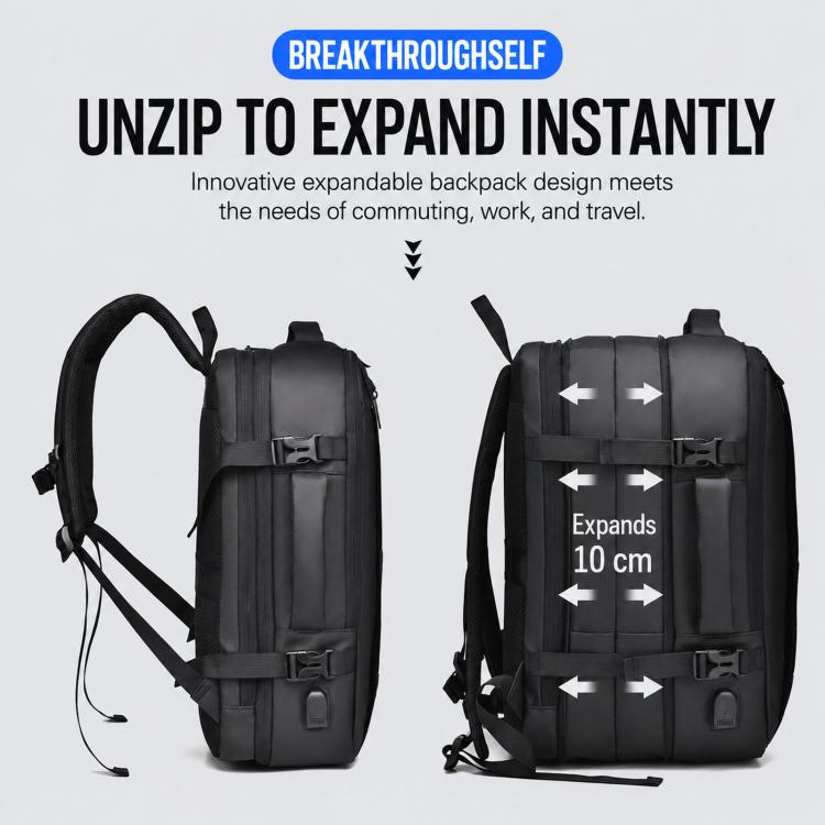 Black expandable backpack with side straps and wider expanded front panel
