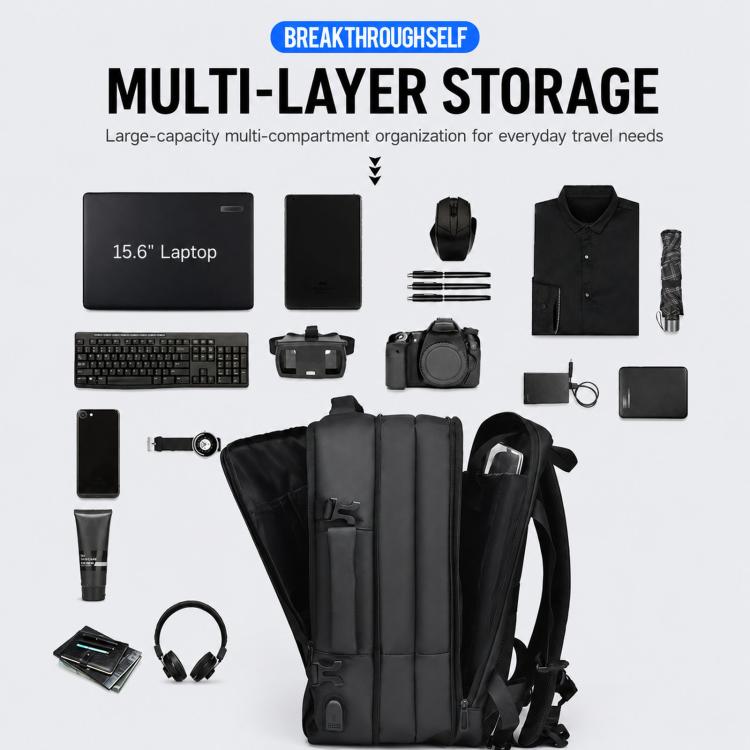 Black multi-compartment laptop backpack with organizer layout and front storage pockets