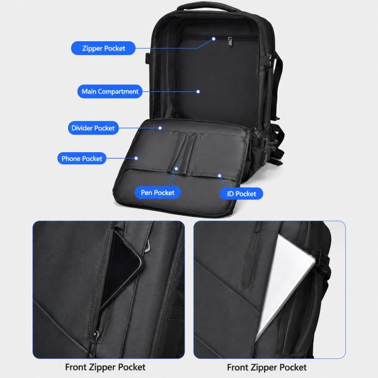 Black backpack interior layout with main compartment and front zipper pocket organizer