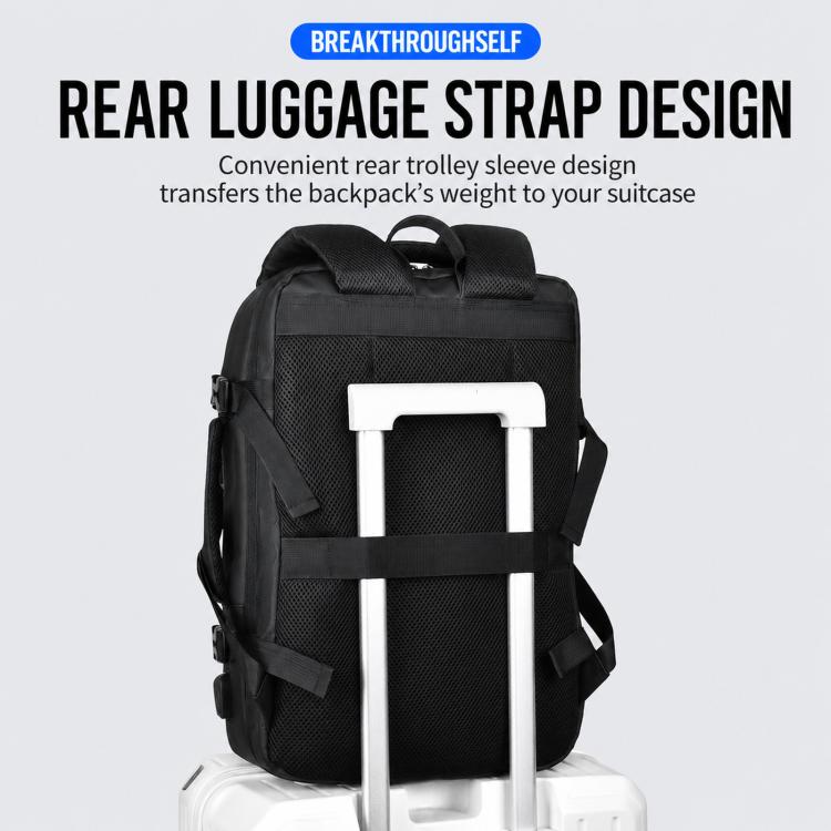 Black backpack with rear trolley strap for rolling luggage and top carry handle