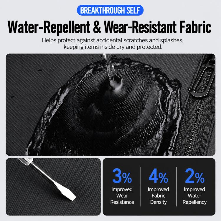 Black backpack with water-repellent fabric texture and zippered front panel