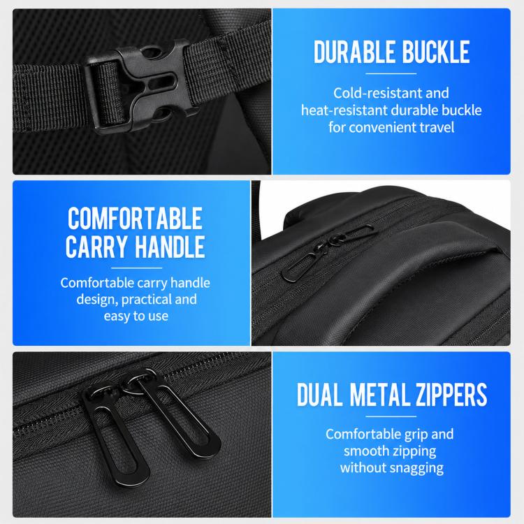 Black backpack details: durable buckle, comfort carry handle, dual metal zippers