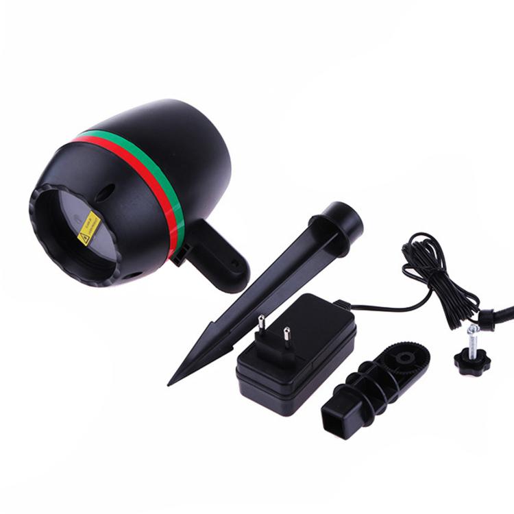Round laser garden light kit with dark blue head, spike stake, and power adapter set