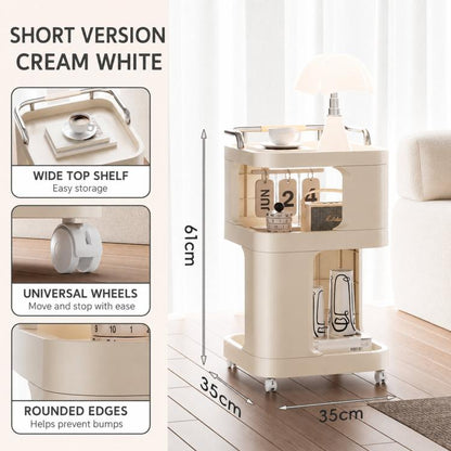 Cream white 3-tier rolling utility cart bedside table with wheels, short version