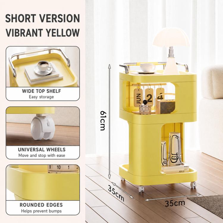 Vibrant yellow 3-tier rolling utility cart bedside table with wheels, short version