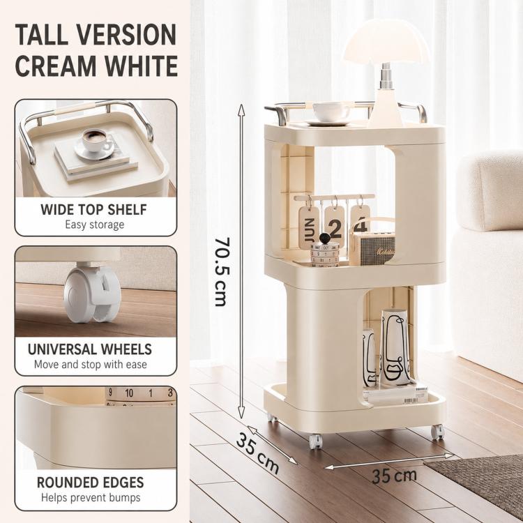 Cream white 3-tier rolling utility cart bedside table with wheels, tall version