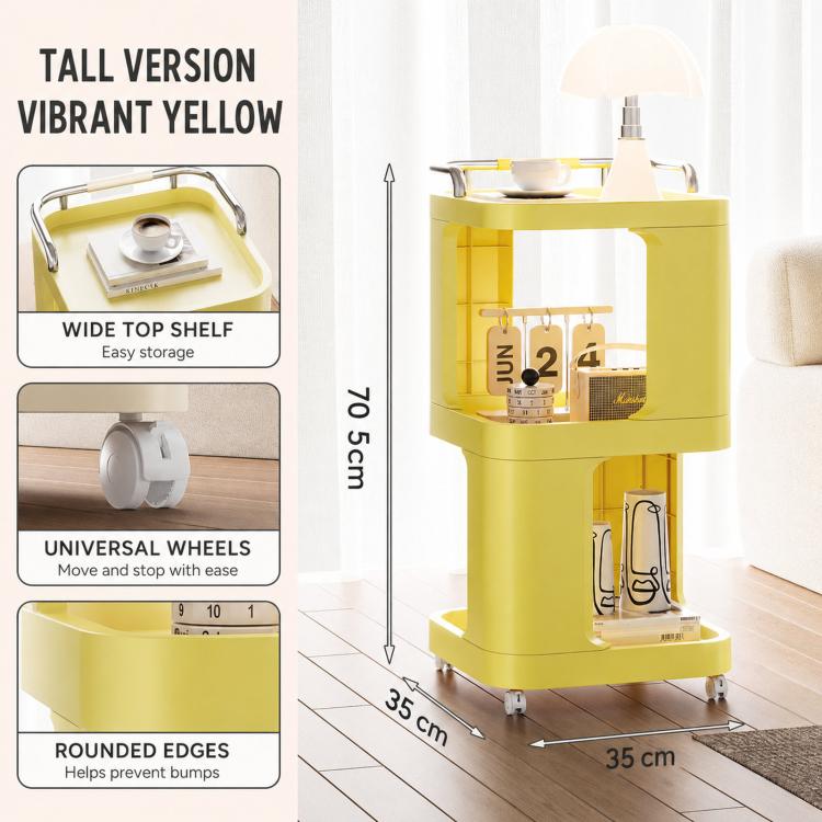 Vibrant yellow 3-tier rolling utility cart bedside table with wheels, tall version