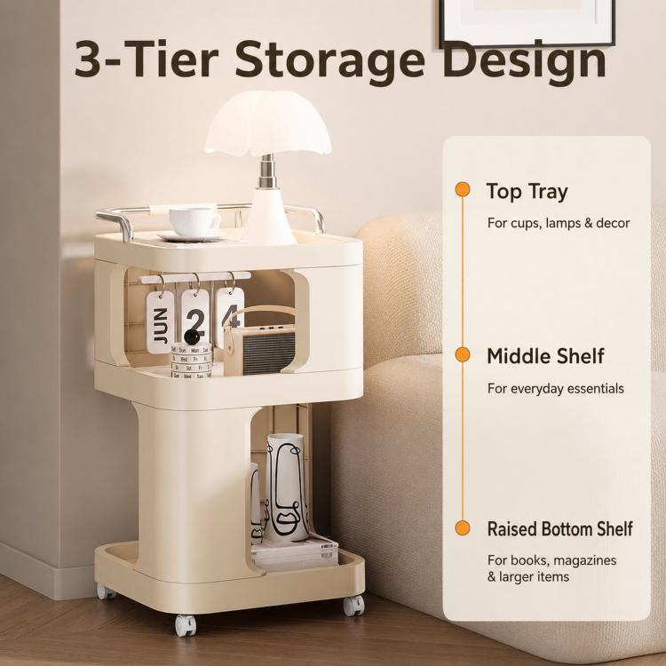 Cream white 3-tier rolling utility cart with open top tray and two storage shelves
