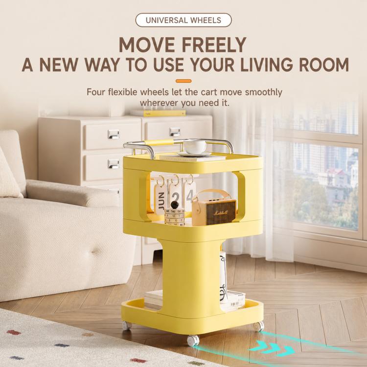 Yellow 3-tier rolling utility cart with handle rails and four caster wheels