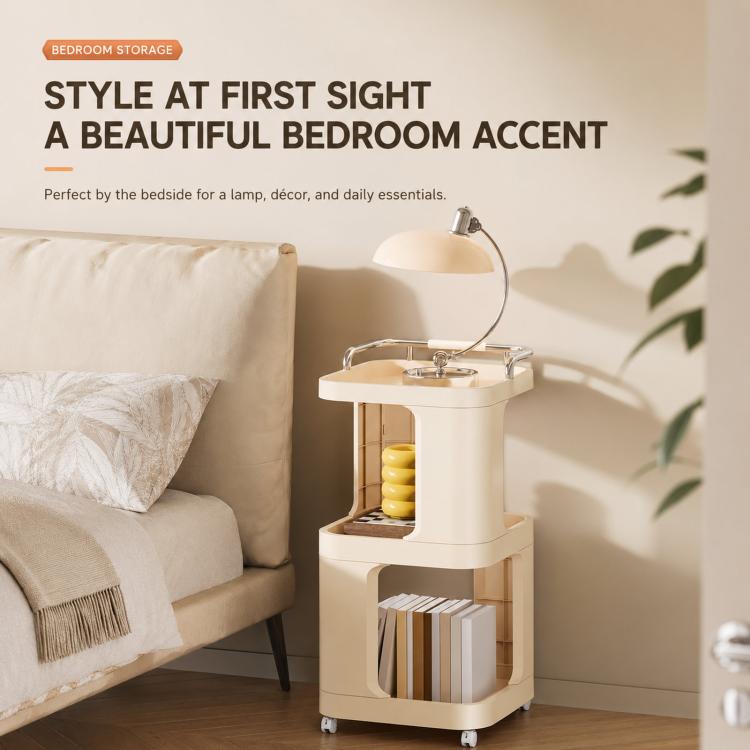 Cream white 3-tier rolling utility cart bedside table with side storage compartments