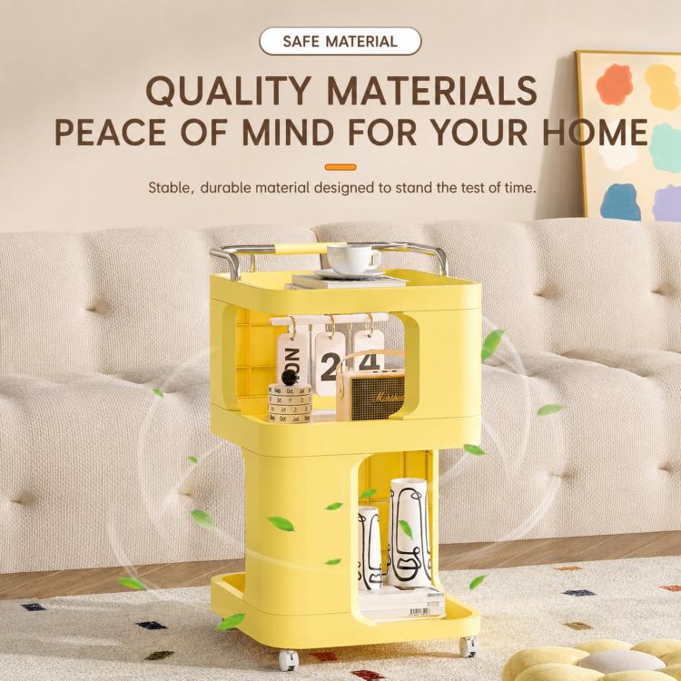Yellow 3-tier rolling utility cart with top tray, middle shelf, and caster wheels