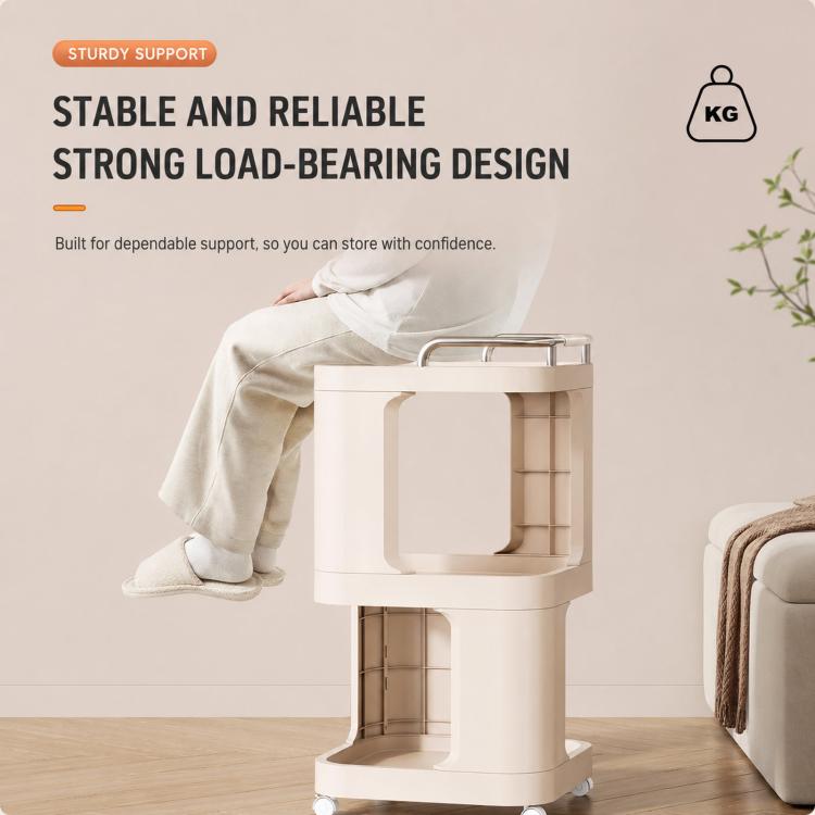 Cream 3-tier rolling utility cart with open shelves and lockable caster wheels