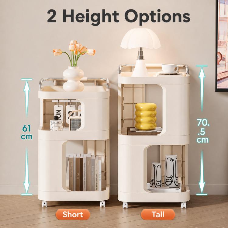 Short and tall 3-tier rolling utility carts in cream, with open storage shelves
