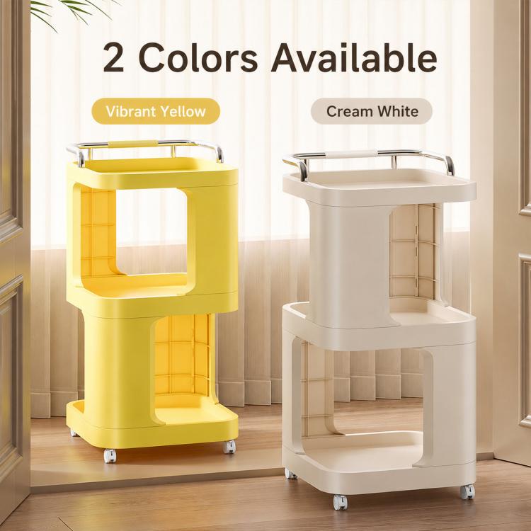 Yellow and cream 3-tier rolling utility carts with open shelves and curved handles
