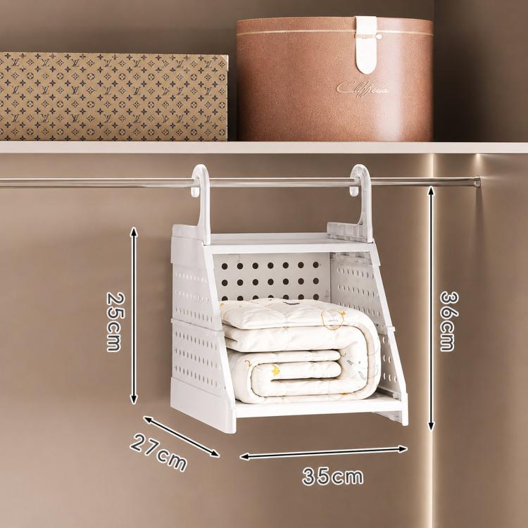 1-tier white plastic hanging closet organizer shelf with open front and hooks